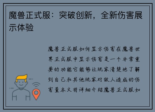 魔兽正式服：突破创新，全新伤害展示体验